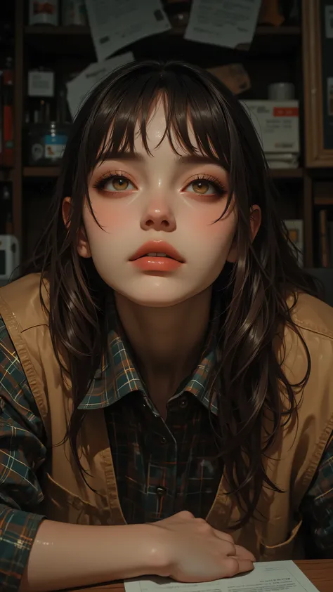 8k, Masterpiece, Top Quality, Low-angle, upward gaze,  dark brown wavy hair, bangs, pale skin,  full lips, slightly downturned mouth,  plaid shirt, earth tones, tan vest, relaxed pose, head tilted back,  blurred background, indoor setting, papers, dishes.