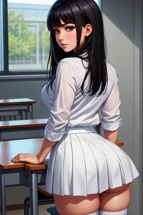 25 year old woman,cosplay,school girl,white stockings,plaid skirt,white shirt,tie,black hair,detailed portrait,beautiful face,intense gaze,confident expression,standing pose,5 school supplies on desk,classroom background,natural lighting,photorealistic,dig...