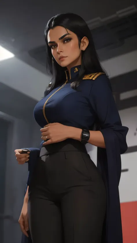 close up, mature Indian woman, Standing on a stage giving presentation, (long black hair), cyberpunk, sci-fi, masterpiece, (detailed face) (wearing navy officer uniform and pants)(very profesional)