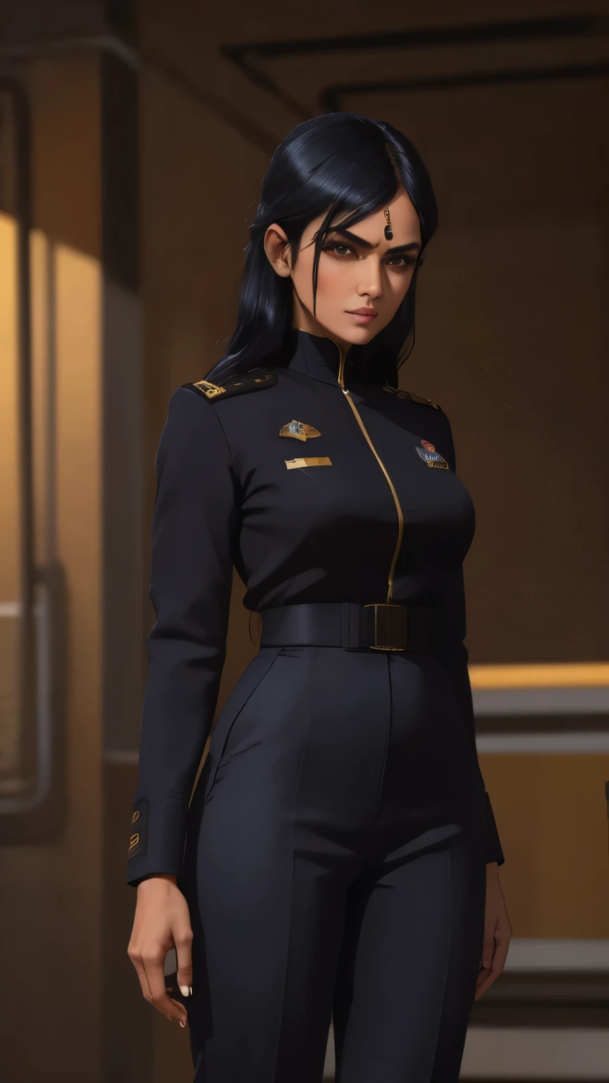 mature Indian woman, Standing on a stage giving presentation, (long black hair), cyberpunk, sci-fi, masterpiece, (detailed face) (wearing navy officer uniform and pants)(very profesional)