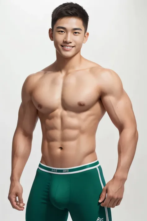 18-year-old male、 Japanese、handsome、 macho、Strong body、 abs、Pectoral muscles、 shirtless、Short Hair、Green sports briefs、 big crotch、 plain background 、facing right in front、smile