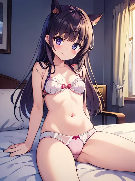 ((masterpiece)), ((best quality)), (ultra-detailed), on the bed, a cute girl, 1girl, solo, underwear00, smile,