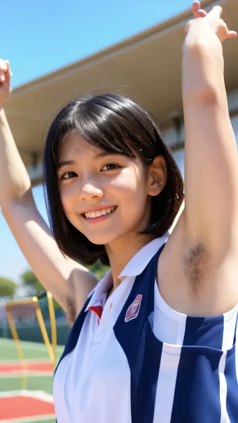 ( one girl:1.3), short hair, Raise your hand at the, armpit hair:1.5, has amazing faces and eyes , looking at the camera , joyful smiles、 is very thin in the classroom :1.5, big round eyes:1.5、droopy eyes:1.5, athletic stadium, athletic stadium...