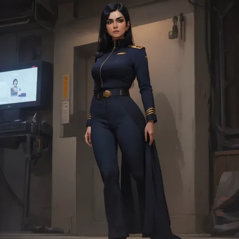 mature Indian woman, Standing on a stage giving presentation, (long black hair), cyberpunk, sci-fi, masterpiece, (detailed face) (wearing navy officer uniform and pants)(very profesional)