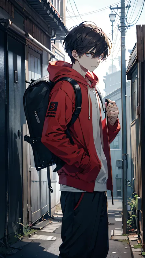 “A young age boy with a serious and determined expression. He has short, slightly messy dark hair, sharp eyes, and a strong jawline. His clothing is slightly worn, with a hoodie and a well-used backpack, indicating a life of responsibility and exploration....