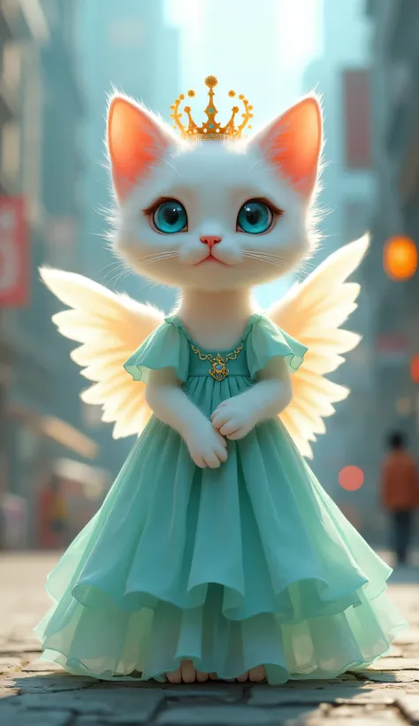 A little beautiful cute white angel cat in (light teal dress,crown in head,blue eyes) stand like human in the city