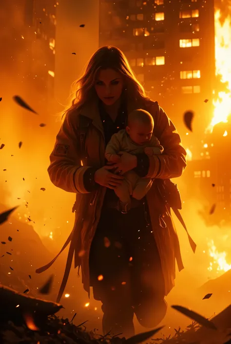 a female firefighter landing from burning building, there is dust, smoke, fire, she is holding a baby, an epic action picture, sense of danger, building on fire in the background, invert color