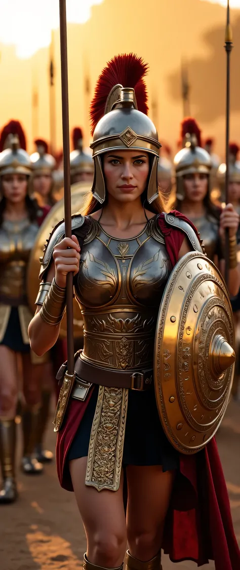 **Prompt:** Create an intricately detailed groups of a Greek female hoplite Spartan unit set in ancient Greece, showcasing hyper-realism and a symmetrical composition. Capture the scene from an ultra-wide angle, immersing the viewer in the vibrant yet hars...