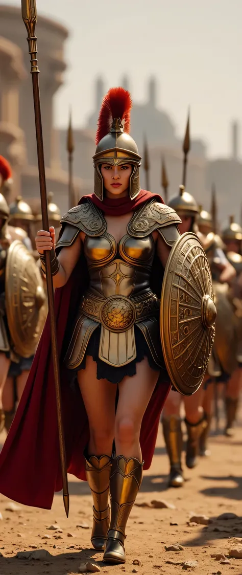 **Prompt:** Create an intricately detailed groups of a Greek female hoplite Spartan unit set in ancient Greece, showcasing hyper-realism and a symmetrical composition. Capture the scene from an ultra-wide angle, immersing the viewer in the vibrant yet hars...