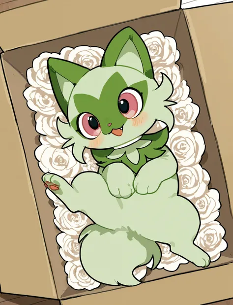 Sprigatito， quadruped，short hair,masterpiece, newest,absurdres, incredibly absurdres, bright eyes, detailed eyes, blush, laugh, head tilt， is unique ， white choker，in the box, in a container , indoor, Wooden floor, BOX WITH ROSES, box ，Lying position，Paw p...