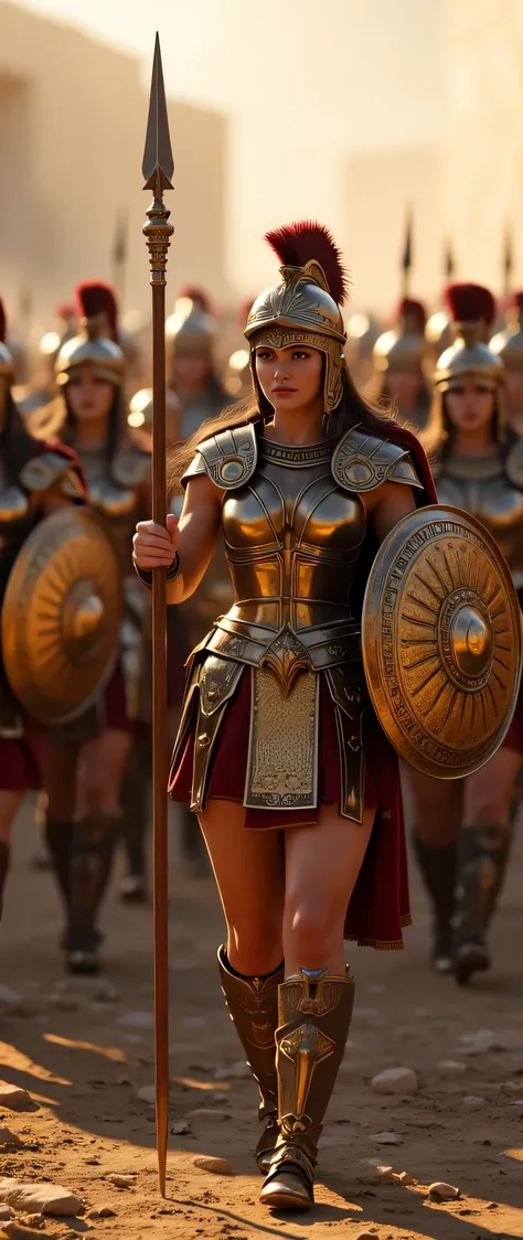 **Prompt:** Create an intricately detailed groups of a Greek female hoplite Spartan unit set in ancient Greece, showcasing hyper-realism and a symmetrical composition. Capture the scene from an ultra-wide angle, immersing the viewer in the vibrant yet hars...