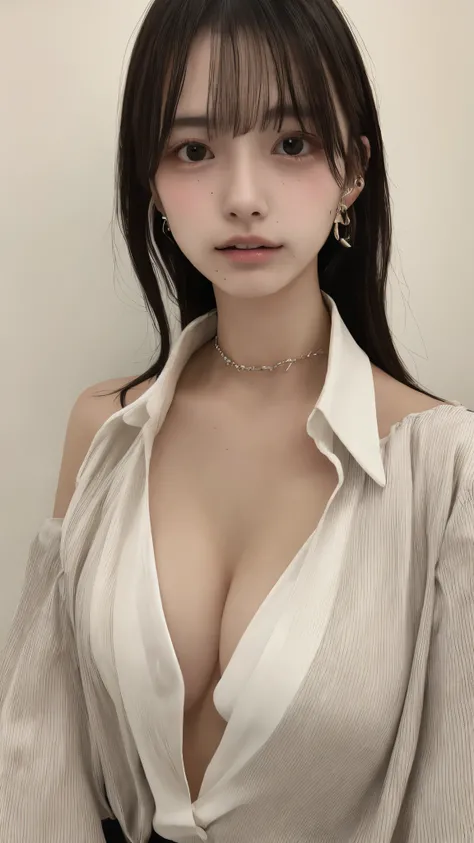 (masutepiece:1.2), Realistic, photo of 18 y.Girl in loose shirt(Unbuttoned shirt), half , Best Quality, Big breasts, Bare shoulders, cleavage, NSFW, [[Hands hidden behind the back]], earrings, Complete shirt, Black Choker, Solo, [SFW],