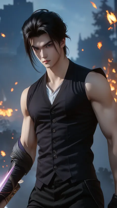 Sung Jin Woo 1 male 20 years old, handsome body, cool face, black hair, purple eyes, trained, black vest, dark city view, solo, many cool poses holding a sharp small sword rushing towards the viewer, slashing horizontally to create a light streak.