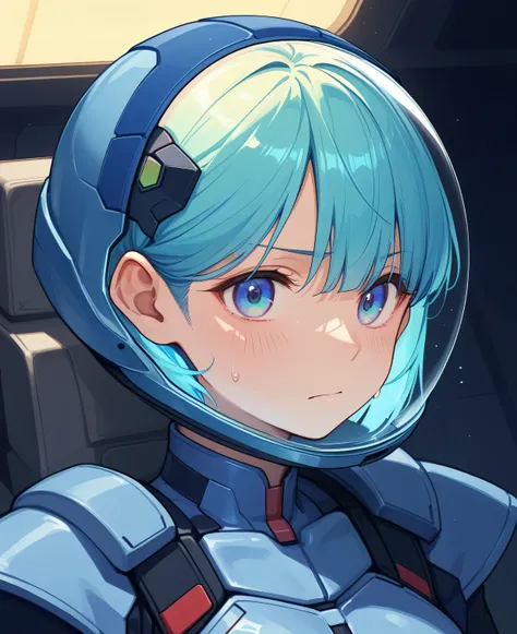 ((Holographic Glow Effect))、 Gundam Wing Cockpit, Lantern、masterpiece、Highest quality、1 person、medium bust、((Album Cover))、Light on Face、slender body、white and blue pilot suit with enamel finish、 elbow length gloves 、long hard boots 、exoskeleton、Metal G...