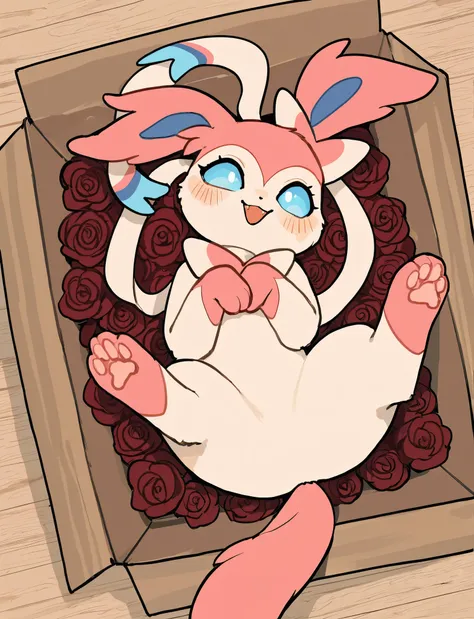 sylveon， quadruped，short hair,masterpiece, newest,absurdres, incredibly absurdres, bright eyes, detailed eyes, blush, laugh, head tilt， is unique ， white choker，in the box, in a container , indoor, Wooden floor, BOX WITH ROSES, box ，Lying position，Paw pads...