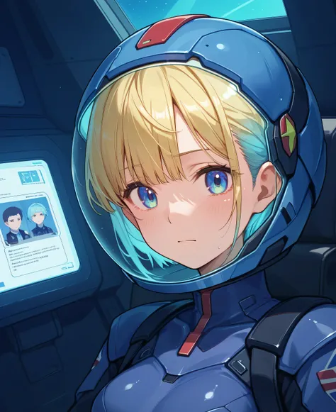 ((Holographic Glow Effect))、 Gundam Wing Cockpit, Lantern、masterpiece、Highest quality、1 person、medium bust、((Album Cover))、Light on Face、slender body、white and blue pilot suit with enamel finish、 elbow length gloves 、long hard boots 、exoskeleton、Metal G...