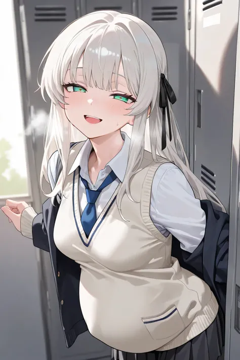 (Best quality, 4k, 8k, high resolution, masterpiece:1.2), ultra detailed, intricate details, beautiful girl, alone, long platinum hair, bangs, green-colored eyes, small-medium breasts, perfect smooth skin, looking at viewer, head tilted, school uniform, (P...