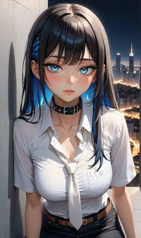 upper body, ((Random porn pose)), (Cute girl), ((Ultra detailing)), (very aesthetic, best quality, ultra detailed), intricate details, 1girl, Black hair, (Random hairstyle), Blue inner hair , ((Detailed eyes)), ((Beautiful eyes)), ((prefect eyes)),sharp ja...