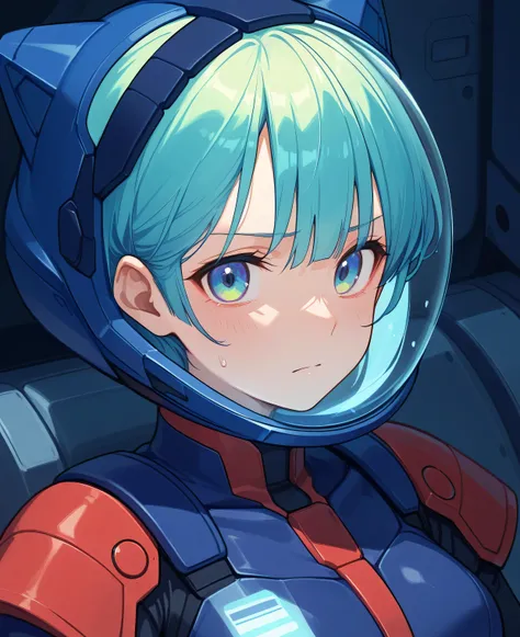 ((Holographic Glow Effect))、 Gundam Wing Cockpit, Lantern、masterpiece、Highest quality、1 person、medium bust、((Album Cover))、Light on Face、slender body、white and blue pilot suit with enamel finish、 elbow length gloves 、long hard boots 、exoskeleton、Metal G...