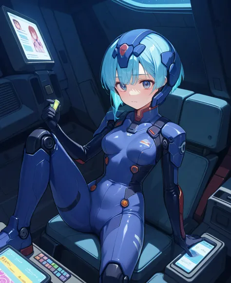((Holographic Glow Effect))、  Gundam Wing Cockpit, Lantern、masterpiece、Highest quality、1 person、medium bust、((Album Cover))、Light on Face、slender body、white and blue pilot suit with enamel finish、  elbow length gloves  、long hard boots 、exoskeleton、Metal G...