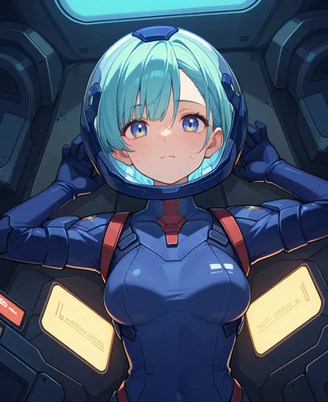 ((Holographic Glow Effect))、 Gundam Wing Cockpit, Lantern、masterpiece、Highest quality、1 person、medium bust、((Album Cover))、Light on Face、slender body、white and blue pilot suit with enamel finish、 elbow length gloves 、long hard boots 、exoskeleton、Metal G...
