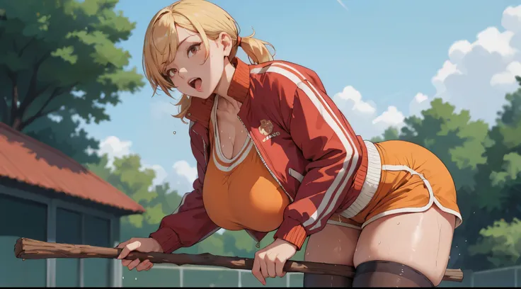 girl, leaning forward, body tilt, holding on woodstick (fur-trimmed red puffer jacket), orange tanktop, (gigantic breasts:1.4), thighs, black thighhighs, mesugaki, orange sporty shorts, low twintails, short blonde hair, open mouth, swept bangs, (sweating:1...