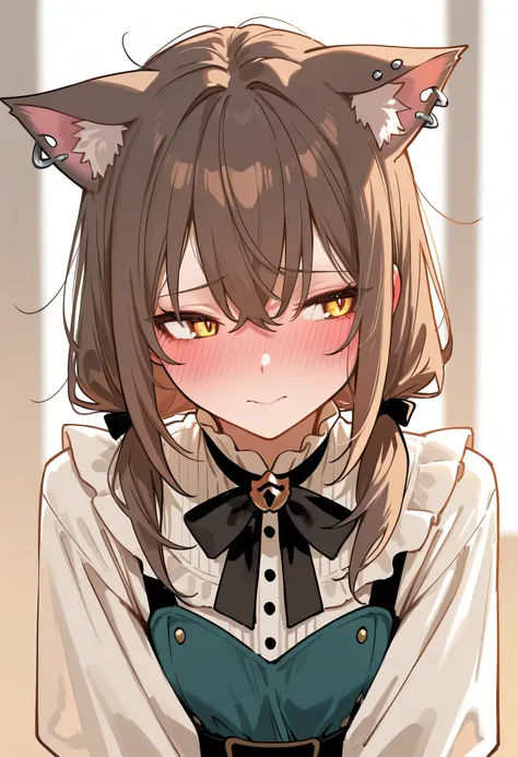 aruhshura, cat ears, embarrassed, blushing, disheveled outfit, pierced ears, looking away, shy expression, soft lighting, detailed facial expression, dynamic pose, warm atmosphere