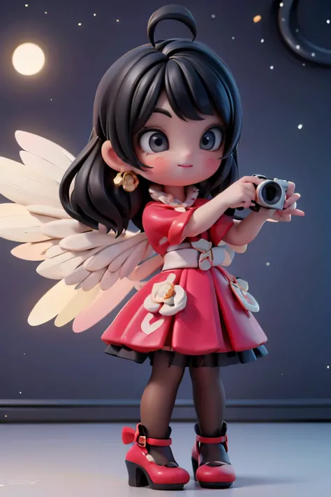 A plump winged girl with black hair adorned with intricate salon styling and large hair bows, beams a bright smile beneath red makeup, including smokey eyes and blush. She wears a vibrant red dress and sparkly ruby earrings. Her feet are showcased in whit...