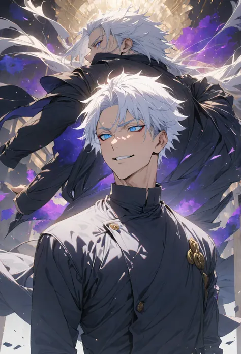 (masterpiece:1.3),(Highest quality:1.4),(Very detailedな:1.5),High resolution,Very detailed,8K,(1 male,Satoru Gojou,JUJUTSU KAİSEN,White Hair)Gojo Satoru,Confident々Smile,Beautiful Blue Eyes、(The background is blue and purple space)