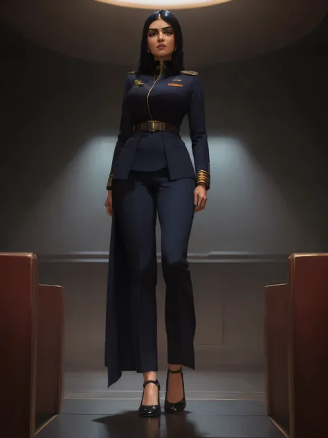 mature Indian woman, Standing on a stage giving presentation, in auditorium (long black hair), cyberpunk, sci-fi, masterpiece, (detailed face) (wearing navy officer uniform and pants)(very profesional)