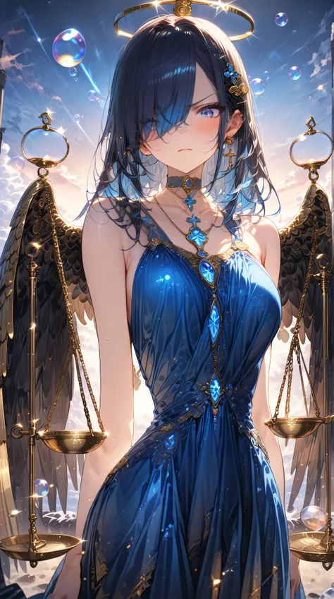 ((masterpiece, high image quality ,8k)),(( very detailed ,perfect picture)),(perfect anatomy),(ultra detailed),((perfect hands)),((adult woman)),((blue and evening dress)),( skinny dress ),(hair over one eye),( I'm in a bad mood),( angry),(dark blue hair),...
