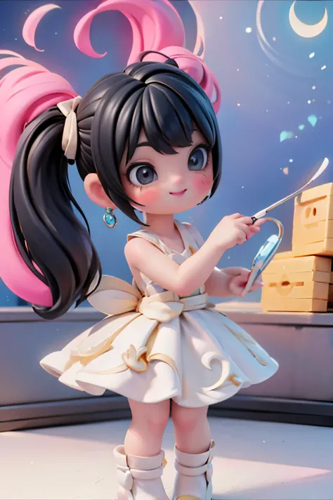 A whimsical nighttime scene: A plump, winged girl with black hair and intricate salon-style hairstyle, adorned with hairbows and makeup featuring bold red smokey eyes and blush. She wears a flowing white dress, ruby earrings, and stands in front of an amus...