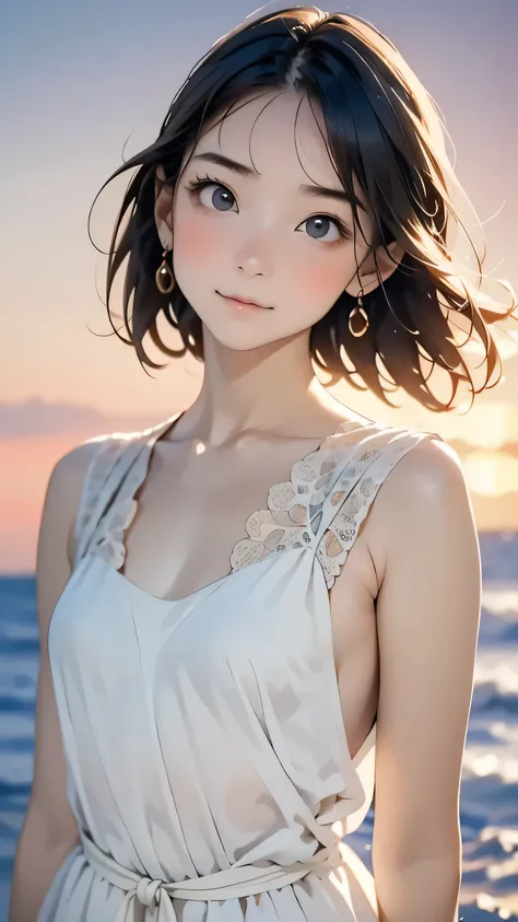 one girl, (18 years old:1.4),(Very Young Face:1.8), (japan Person famous idol), face, cute face, ash gray hair:1.5, bob hair, short hair, camera's line of sight, small breasts, An ennui look, (dress:1.4) , particles of light, sea of ​​sunset, calm sea, whi...