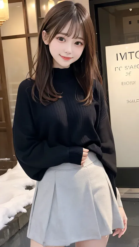 masterpiece、High quality made of straw、full body、one girl、bangs、 Japanese、 black hair、 long hair、 Long Sleeve 、snow、 knit 、smile、 alone、 stylish woman 、 brightly colored clothes 、Front 、 luxury background material 、 ...