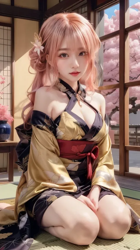 An anime girl in a kimono is sitting on the floor under cherry blossoms, Hairstyle with long hair down，cute anime wife wearing a nice dress, beautiful and attractive anime woman,  Beautiful Anime  girl, Anime Goddess, bewitching anime girls,  Beautiful Ani...