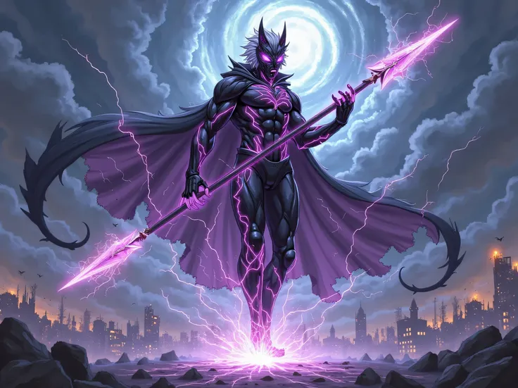 Anime-style character, male, 20 years old, final transformation — 'Thunder Demon.' Slim but muscular build, black hair turned fully silver, glowing bright purple eyes with electric sparks radiating power. His body is covered in black energy armor with intr...