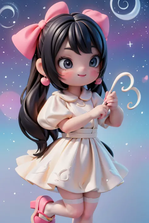 A whimsical nighttime scene: A plump, winged girl with black hair and intricate salon-style hairstyle, adorned with hairbows and makeup featuring bold red smokey eyes and blush. She wears a flowing white dress, ruby earrings, and stands in front of an amus...