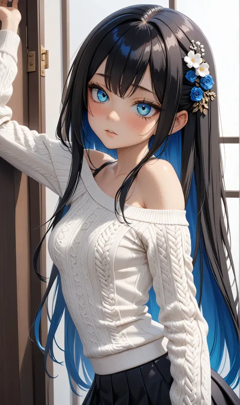 ((Random porn pose)), (Cute girl), ((Ultra detailing)), (very aesthetic, best quality, ultra detailed), intricate details, 1girl, Black hair, (Random hairstyle), Blue inner hair , ((Detailed eyes)), ((Beautiful eyes)), ((prefect eyes)),sharp jawline, long ...