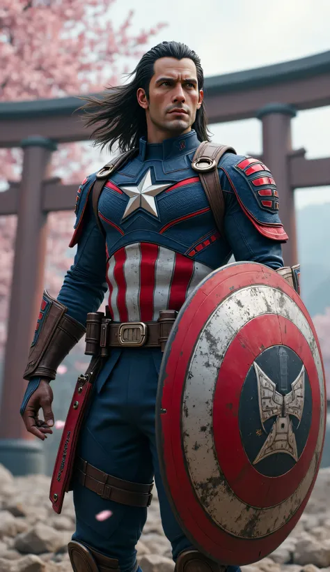 A hyper-realistic of a Japanese-inspired Captain America, infused with samurai aesthetics. His sleek red and white armor is plated like a modernized samurai’s, with a rising sun emblem subtly engraved across his chest. His shield is redesigned with kanji e...