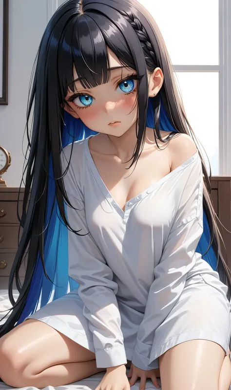 ((Random porn pose)), (Cute girl), ((Ultra detailing)), (very aesthetic, best quality, ultra detailed), intricate details, 1girl, Black hair, (Random hairstyle), Blue inner hair , ((Detailed eyes)), ((Beautiful eyes)), ((prefect eyes)),sharp jawline, long ...