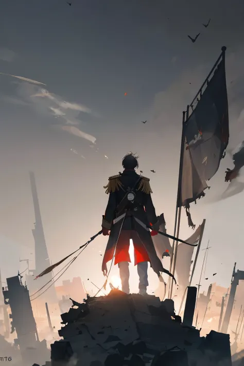 "A lone soldier's silhouette standing atop ruined battlement, short black hair tousled by howling winds, streamlined military greatcoat billowing with dynamic fabric simulation, angular coattails lashing like war banners, crimson officer cords whipping acr...