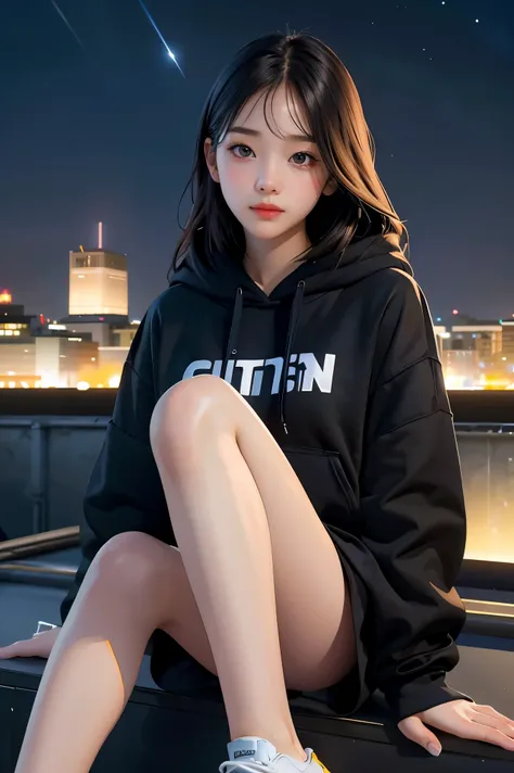 1girl,highres, high quality, masterpiece,black hoodie, white short, rooftop with city light in the background, starry night,