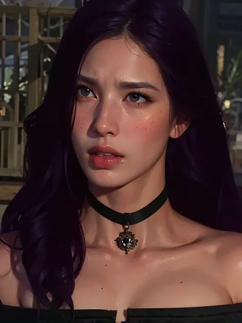 Woman, clean face, angry face, white, purple hair. No earrings, no tattoos, no makeup, Witcher. 