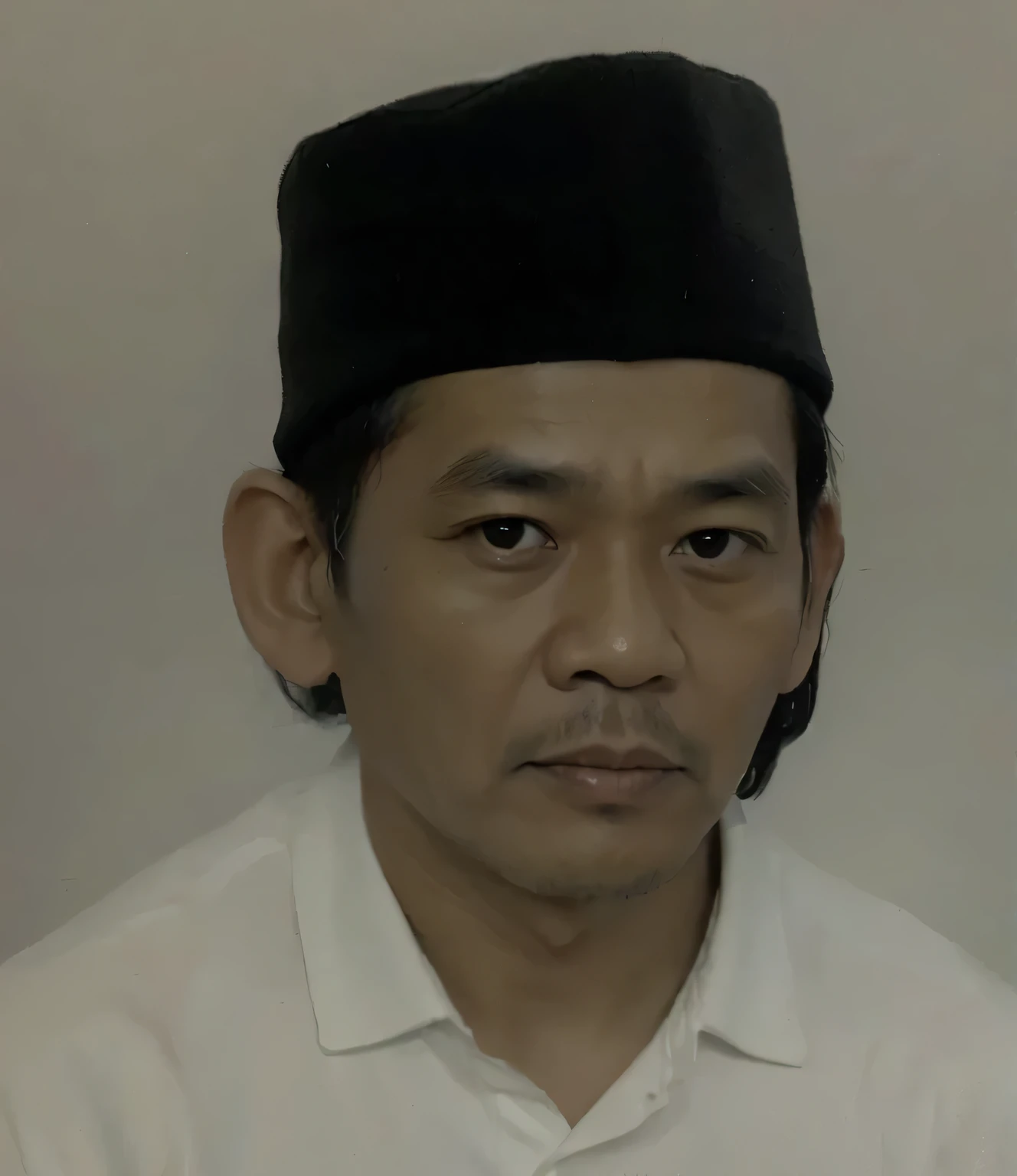 photo realistic,a middle-aged Indonesian man wearing a black cap and a white collared shirt