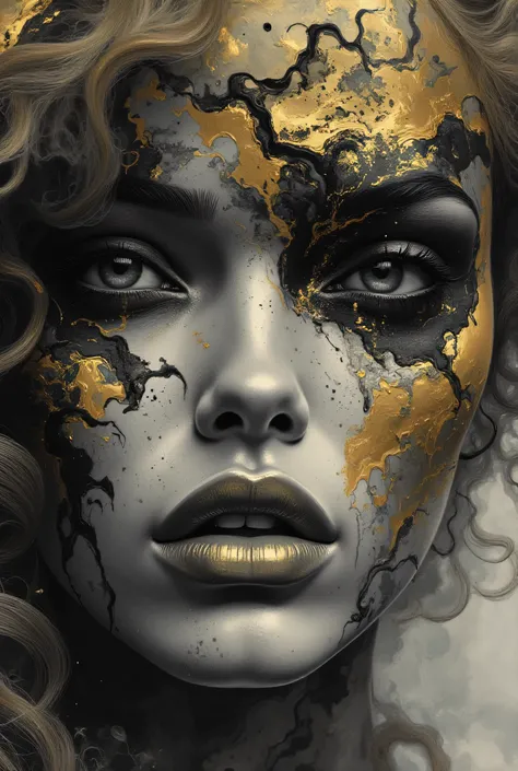 photorealistic, hyper detailed female face of smoke and black, gray, and gold color. Added in a style reference, a composition reference, Hyper realistic, splash images, splattering, Fauvism, Geometric, Marble. 