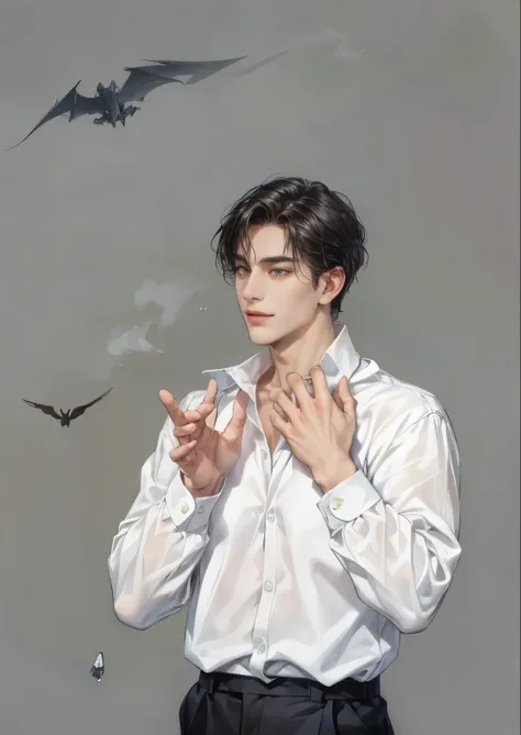 ((best quality)), ((great works)), ( Details), ((gorgeous face)),  handsome face , man,  เด็กผู้man,  perfect proportions , a man version character from the addams family,  short hair , man version,  creepy smile ,  Details eerie background,  Details eerie...