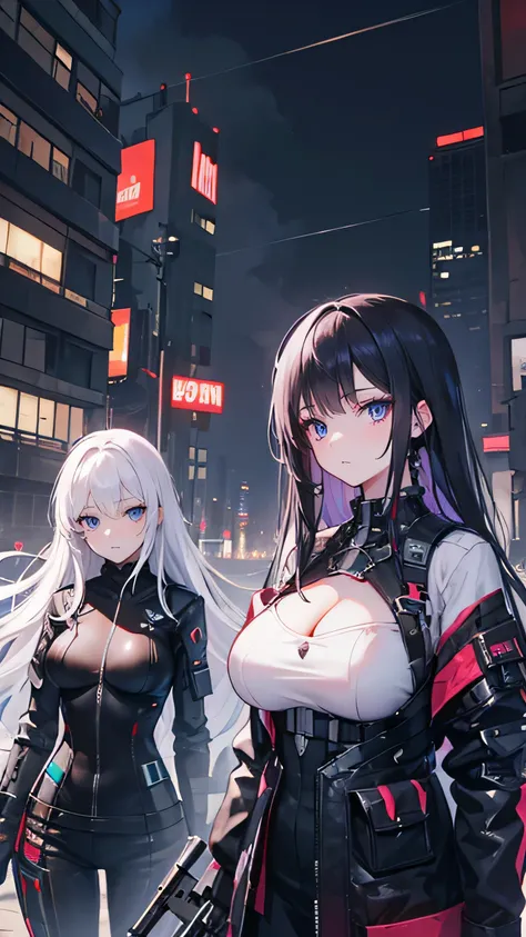 2 girls, high resolution, long hair, Big breasts, Blue eyes, purple eyes,  white hair, black hair, very long hair,  Masterpiece , best quality,  in detail, Highly detailed, cyberpunk,  background destroyed city, with weapons,  closed chest 