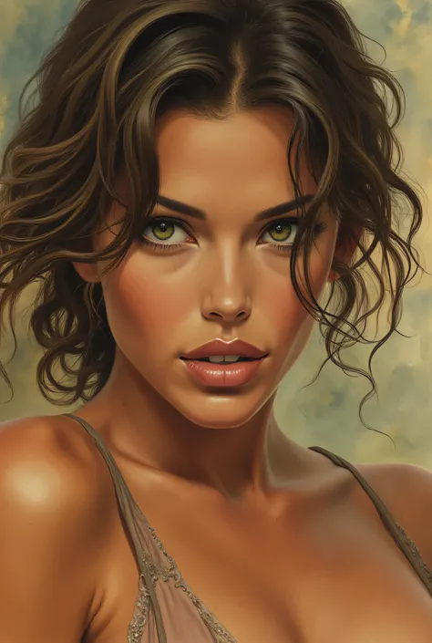 A portrait of a beautiful woman in her 40's, brownmessy hair, green eyes, thriving sexy body.