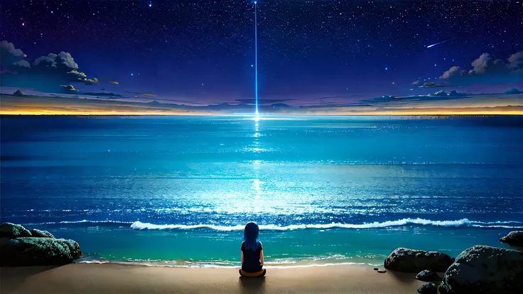 超high image quality, high image quality, high quality ,壮観なscenery,octans, null, 満天の星null, scenery, 星null, night , 1 girl, night null, shooting star, the Milky Way Galaxy covering the entire sky, 海に夜nullが映っている,is sitting, tree, long hair, silhouette , A ...
