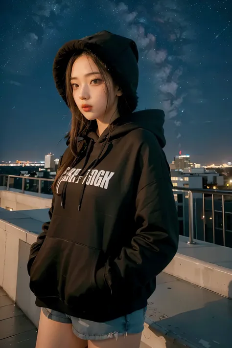 1girl,highres, high quality, masterpiece,black hoodie, white short, rooftop with city light in the background, starry night,